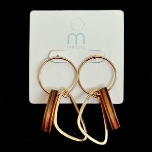 Gold Tone Geometric Dangle Earrings with Yellow Wood Accents | Boho Earrings